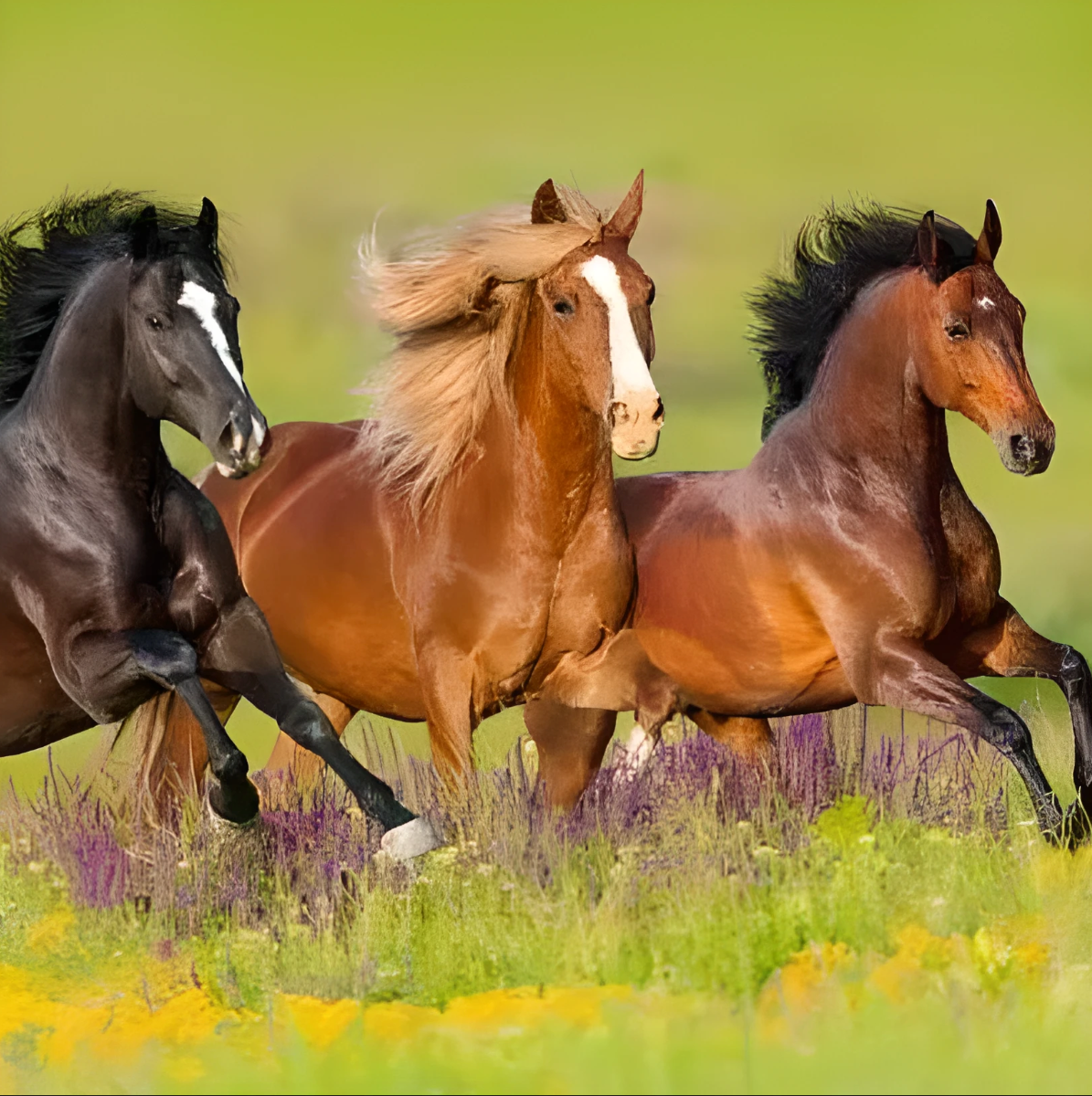 Three horses galloping through a meadow of wildflowers