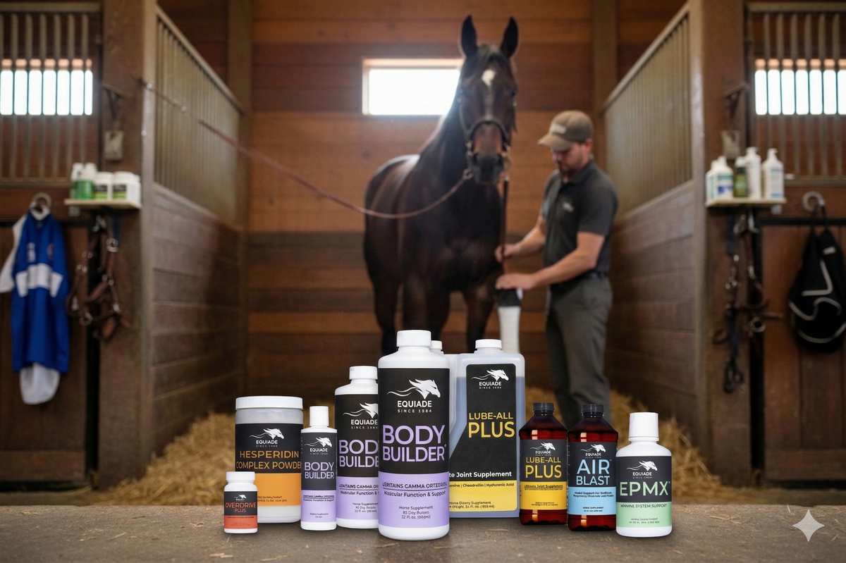 Equiade's supplements lined up in a barn aisle in front of a horse and its trainer