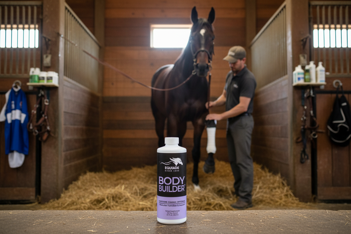 A trainer wraps a dark horse's legs in a racing barn, with a bottle of Body Builder standing in the straw