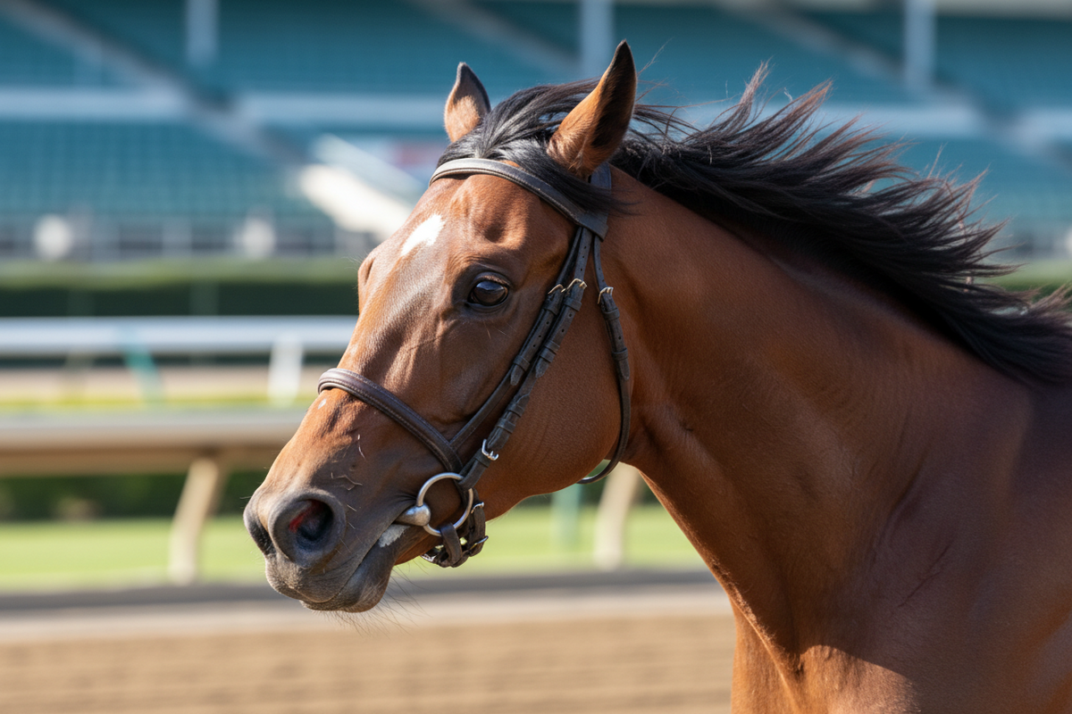 The head of a bay racehorse in a bridle at the track