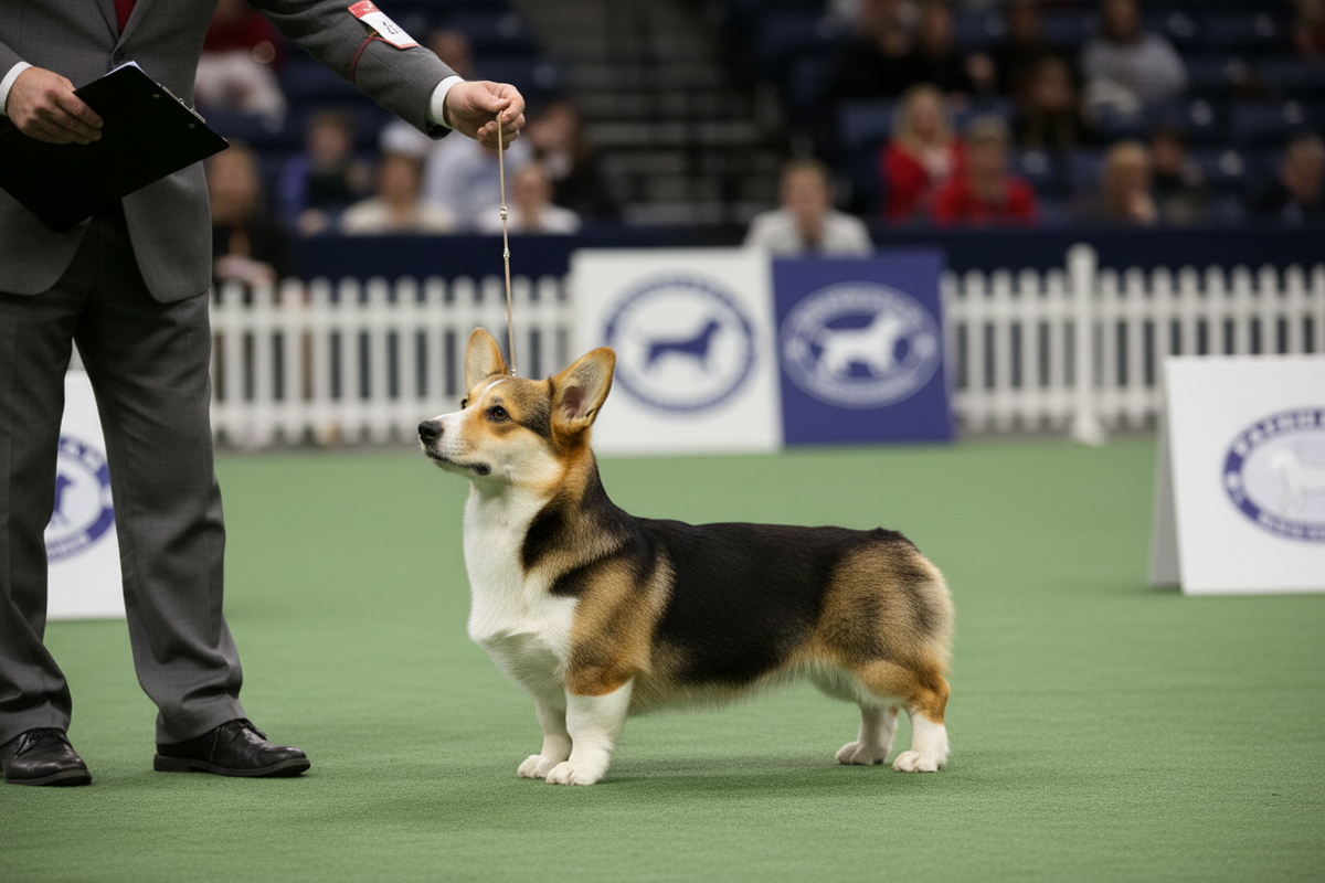 A Welsh Corgi standing at a dog show
