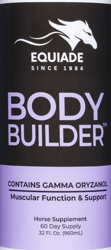 Front label of the Body Builder 32 oz bottle: Equiade since 1984, Body Builder, contains gamma oryzanol, horse supplement, 60 day supply, 32 fl. oz. (960 mL)
